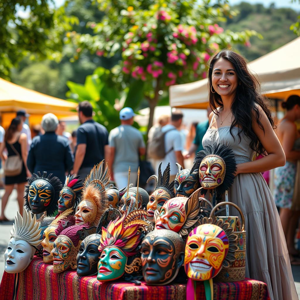 A captivating scene of a woman selling an array of beautifully crafted masks at an outdoor market