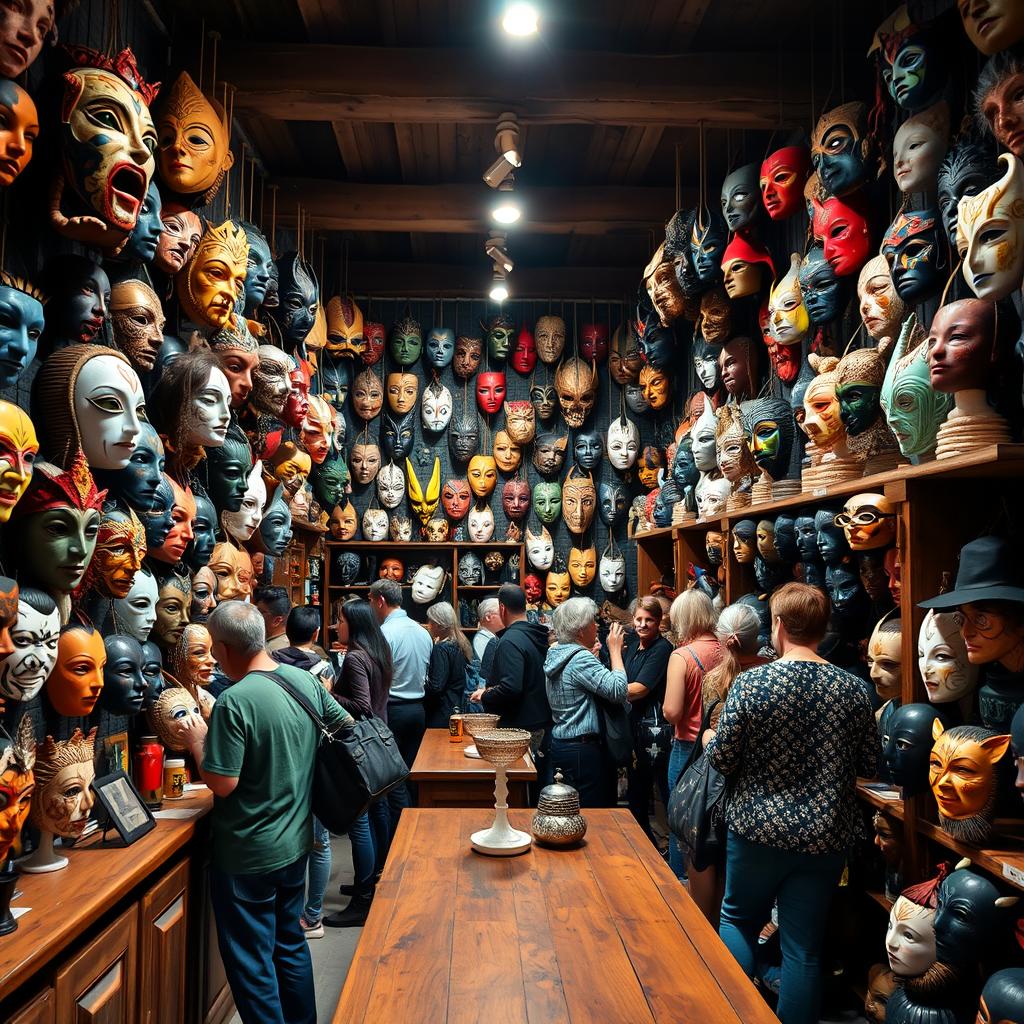 A cozy, inviting masks store filled with a diverse array of masks hanging from the walls and displayed on wooden shelves