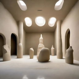 In the center of an extraordinarily large avant-garde gallery is a magnificent sand sculpture serving as the main attraction. The polished concrete walls and beach-inspired floor amplify the grandeur of this space. Tiny silhouettes admire the surrounding art, captured in distinct architectural photography.