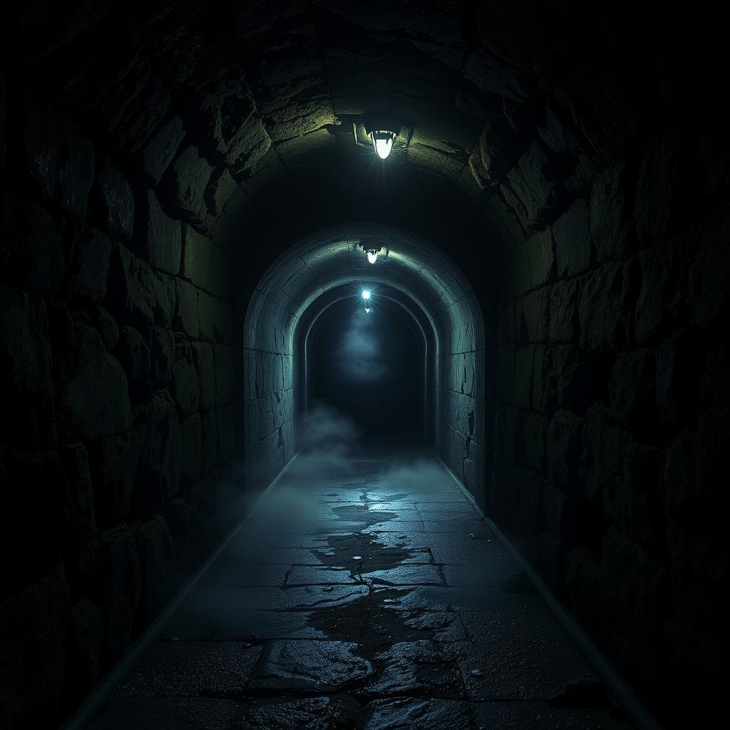 A dark and eerie tunnel, dimly lit with flickering lights, creating an ominous atmosphere