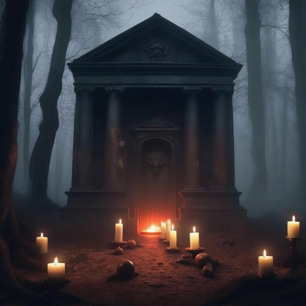 A dark and eerie forest scene with a mysterious ancient temple in the background