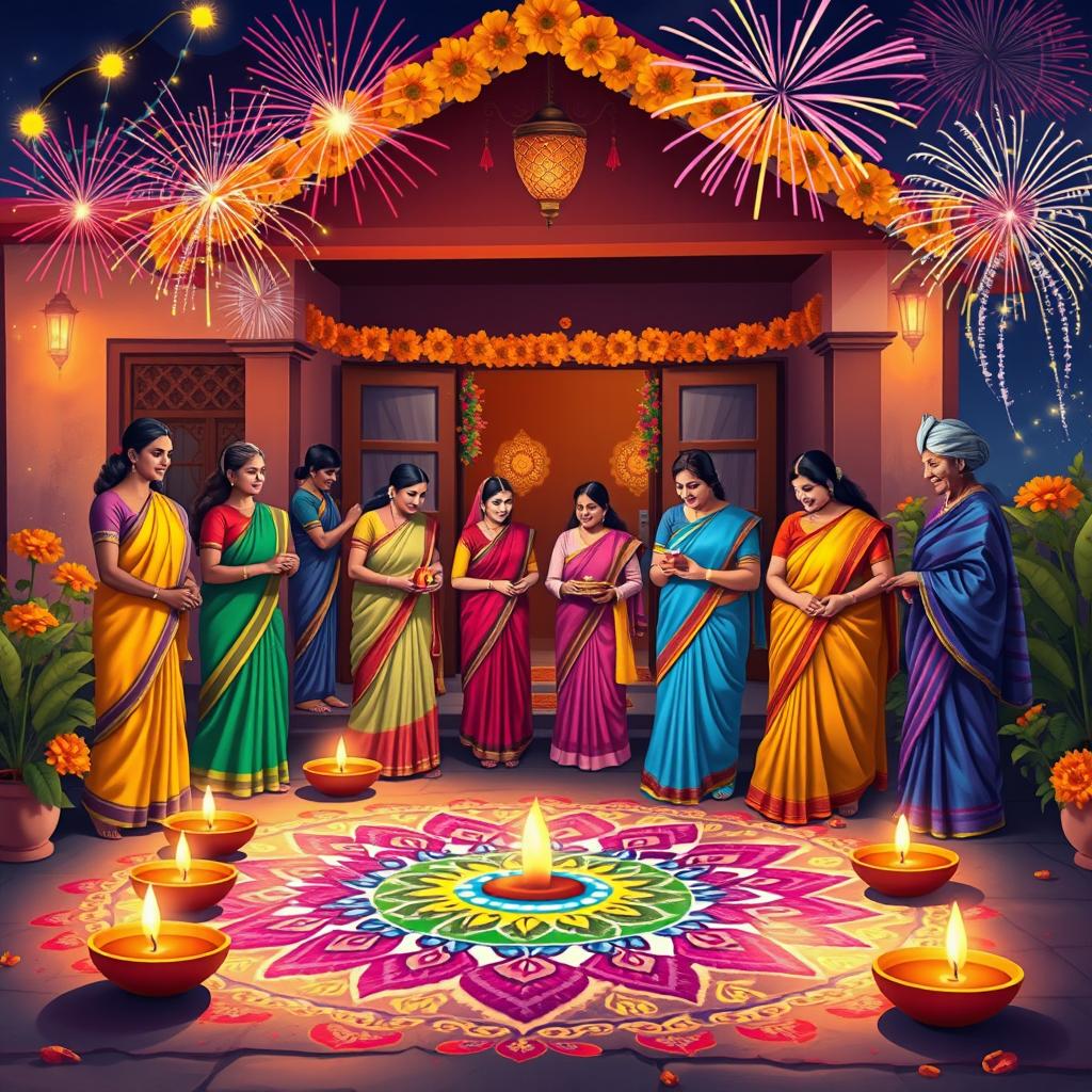 A vibrant and colorful depiction of Diwali celebrations in India, showcasing intricate rangoli designs made with vibrant colored powders at the entrance of a home