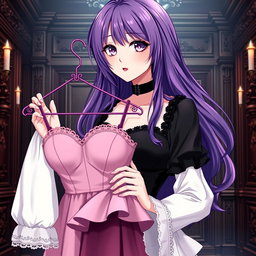 A gothic anime girl with long, luscious purple hair, wearing a stunning black dress adorned with elegant white sleeves, which adds a soft contrast to her striking appearance
