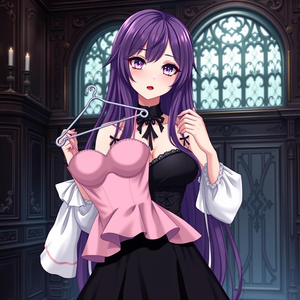 A gothic anime girl with long, luscious purple hair, wearing a stunning black dress adorned with elegant white sleeves, which adds a soft contrast to her striking appearance