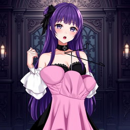 A gothic anime girl with long, luscious purple hair, wearing a stunning black dress adorned with elegant white sleeves, which adds a soft contrast to her striking appearance