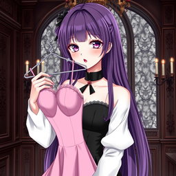 A gothic anime girl with long, luscious purple hair, wearing a stunning black dress adorned with elegant white sleeves, which adds a soft contrast to her striking appearance