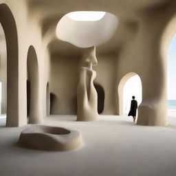 In the center of an extraordinarily large avant-garde gallery is a magnificent sand sculpture serving as the main attraction. The polished concrete walls and beach-inspired floor amplify the grandeur of this space. Tiny silhouettes admire the surrounding art, captured in distinct architectural photography.