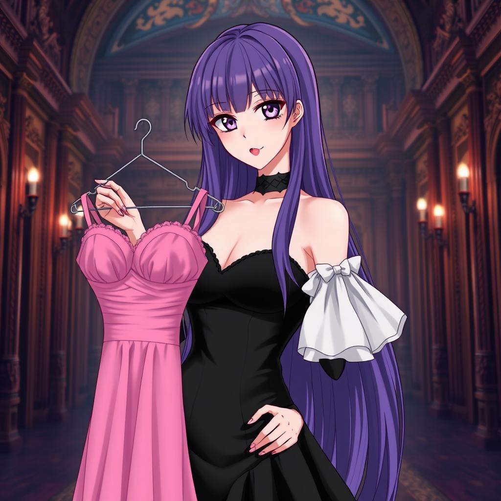 A gothic anime girl with long, striking purple hair, dressed in a stunning black gown featuring elegant white sleeves that add a sophisticated touch