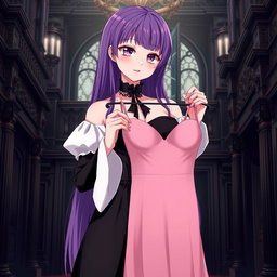 A gothic anime girl with long, striking purple hair, dressed in a stunning black gown featuring elegant white sleeves that add a sophisticated touch