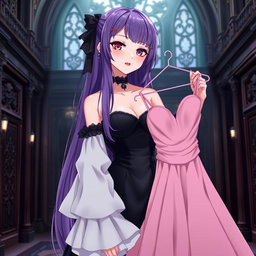 A gothic anime girl with long, striking purple hair, dressed in a stunning black gown featuring elegant white sleeves that add a sophisticated touch