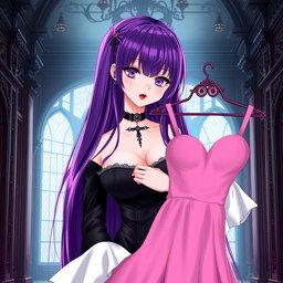 A gothic anime girl with long, striking purple hair, dressed in a stunning black gown featuring elegant white sleeves that add a sophisticated touch