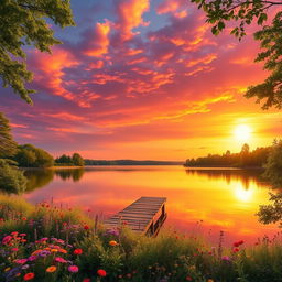 A stunning, hyper-realistic landscape scene featuring a vibrant sunset over a serene lake