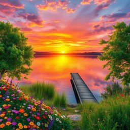 A stunning, hyper-realistic landscape scene featuring a vibrant sunset over a serene lake