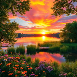 A stunning, hyper-realistic landscape scene featuring a vibrant sunset over a serene lake
