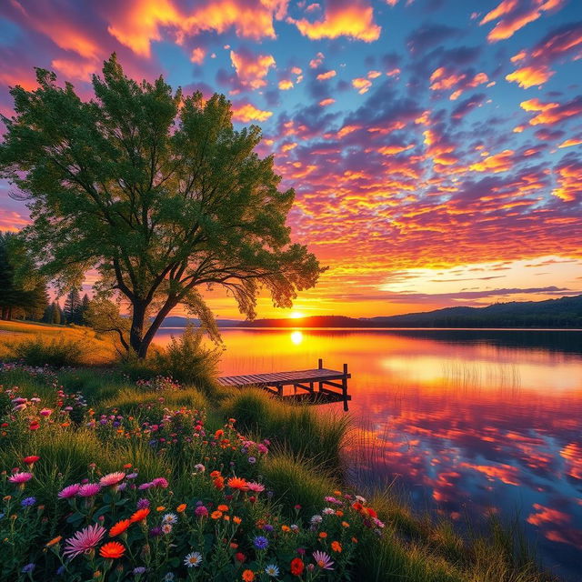 A stunning, hyper-realistic landscape scene featuring a vibrant sunset over a serene lake