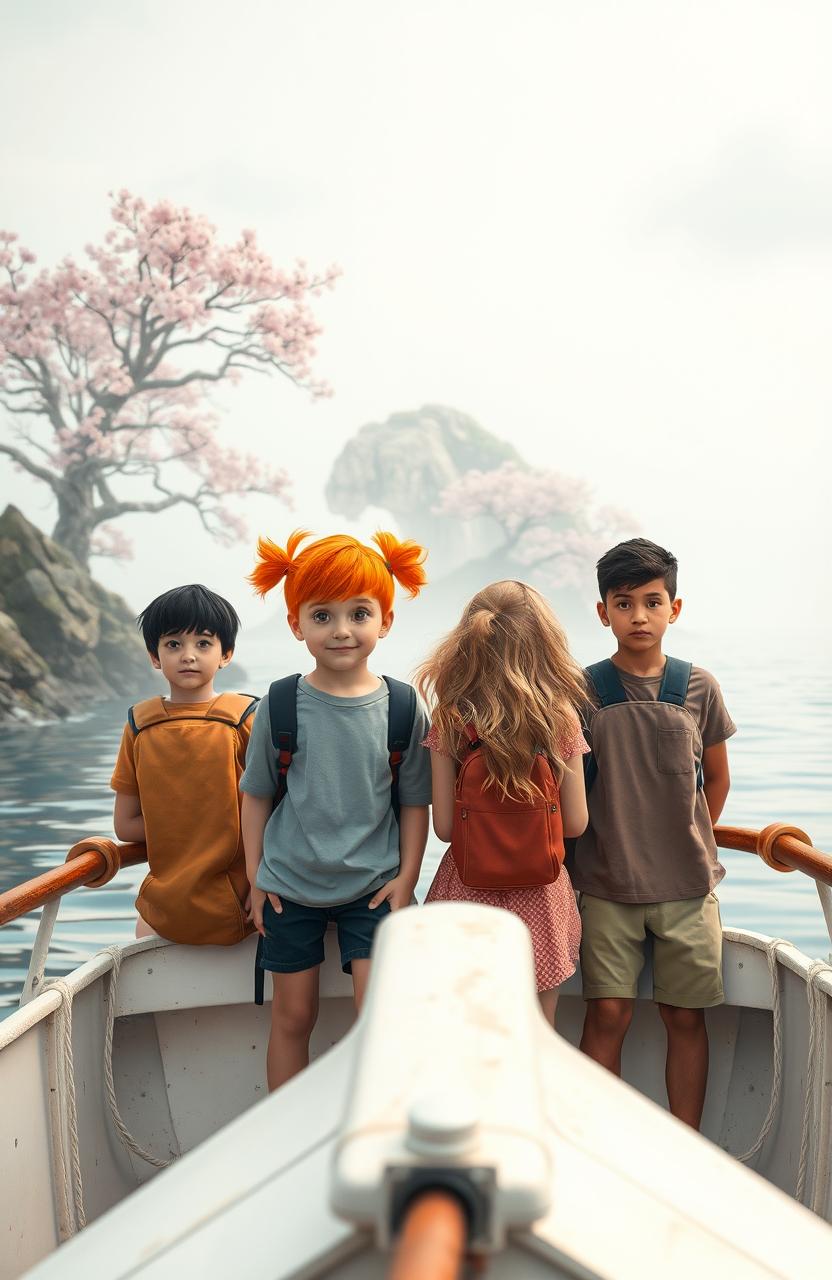 Four young teens on a large boat at the front, gazing towards an island with cherry trees shrouded in mystery