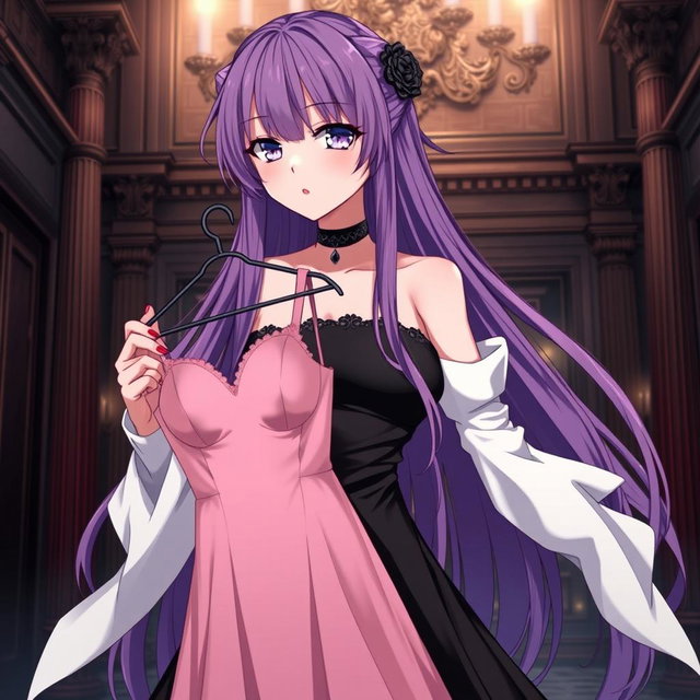 A gothic anime girl with long, flowing purple hair, exquisitely dressed in a beautiful black gown featuring striking white sleeves that add elegance