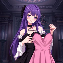 A gothic anime girl with long, flowing purple hair, exquisitely dressed in a beautiful black gown featuring striking white sleeves that add elegance