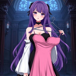 A gothic anime girl with long, flowing purple hair, exquisitely dressed in a beautiful black gown featuring striking white sleeves that add elegance