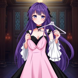 A gothic anime girl with long, flowing purple hair, exquisitely dressed in a beautiful black gown featuring striking white sleeves that add elegance