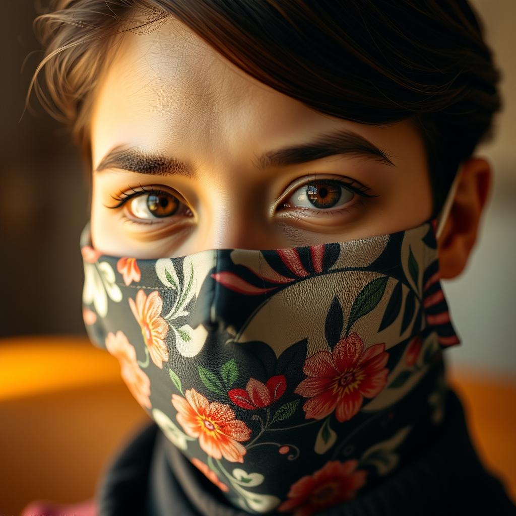 A close-up portrait of a person wearing a stylish mask on their face, showcasing intricate and artistic designs on the mask fabric