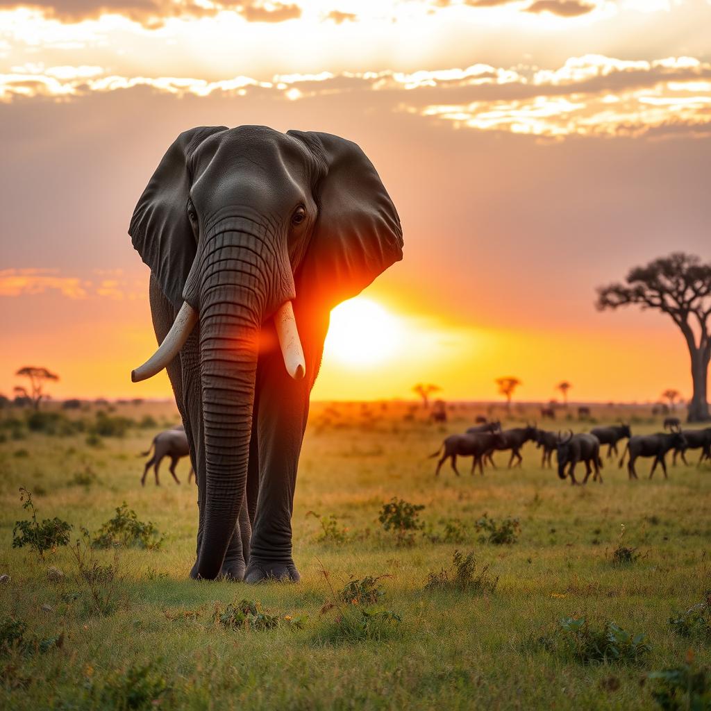 An impressive African elephant standing majestically in the late afternoon sun on the savannah, the sun casting a warm golden hue over the scene