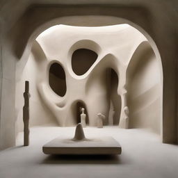 An impressively large, avant-garde gallery adorned with polished concrete walls, where a beach-inspired floor cradles an enormous sand sculpture as its centrepiece. Among the captivating artworks, tiny silhouettes are absorbed in admiration, all captured through evocative architectural photography.