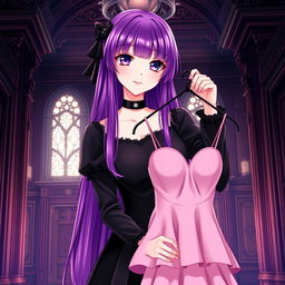 A gothic anime girl with long, vibrant purple hair, elegantly dressed in a beautiful black dress that features matching black sleeves for a cohesive gothic look