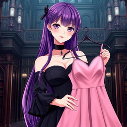 A gothic anime girl with long, vibrant purple hair, elegantly dressed in a beautiful black dress that features matching black sleeves for a cohesive gothic look