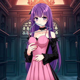 A gothic anime girl with long, vibrant purple hair, elegantly dressed in a beautiful black dress that features matching black sleeves for a cohesive gothic look