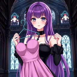A gothic anime girl with long, vibrant purple hair, elegantly dressed in a beautiful black dress that features matching black sleeves for a cohesive gothic look