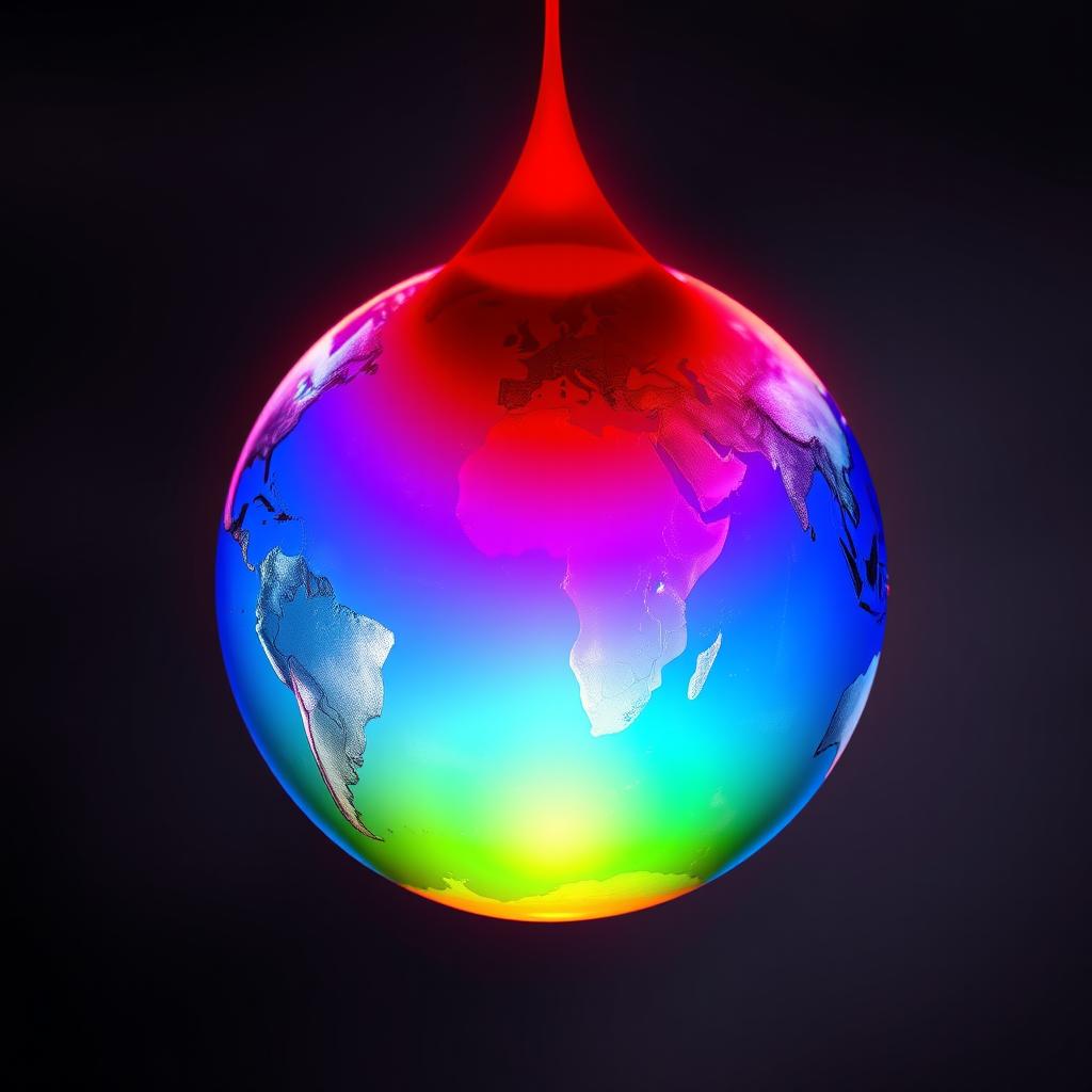 A glowing globe depicting a drop of blood beginning as bright red at the top gradually transitioning into shades of blue and green as it descends