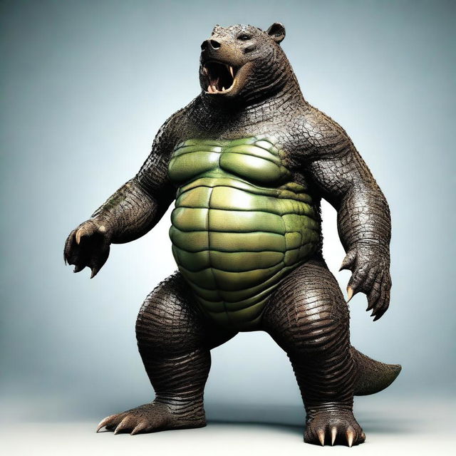 An image of the highest quality, depicting an unusual creature that is a fusion of a bear and a crocodile in one body