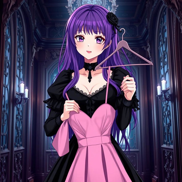 A gothic anime girl with long, vibrant purple hair, elegantly dressed in a beautiful black gown featuring stylish black sleeves that enhance her gothic aesthetic