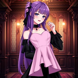 A gothic anime girl with long, vibrant purple hair, elegantly dressed in a beautiful black gown featuring stylish black sleeves that enhance her gothic aesthetic