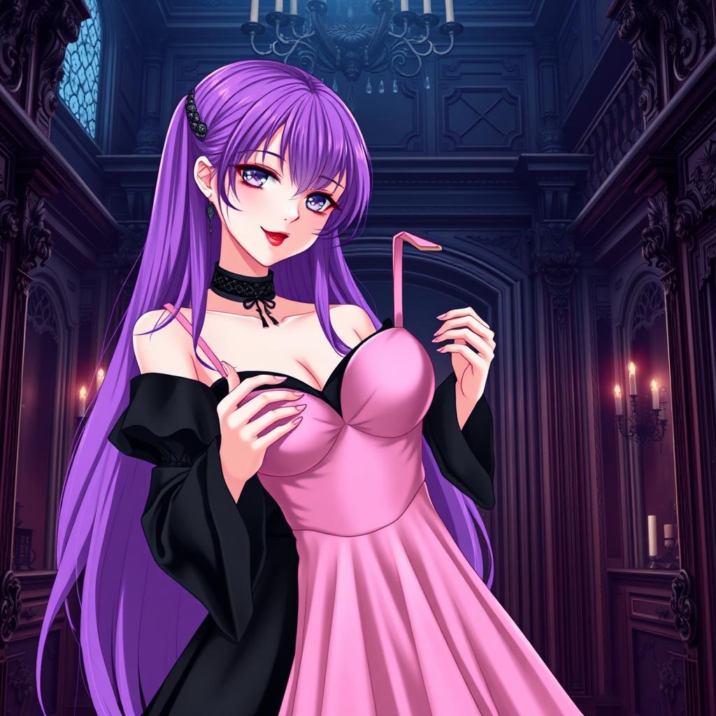 A gothic anime girl with long, vibrant purple hair, elegantly dressed in a beautiful black gown featuring stylish black sleeves that enhance her gothic aesthetic