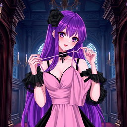 A gothic anime girl with long, vibrant purple hair, elegantly dressed in a beautiful black gown featuring stylish black sleeves that enhance her gothic aesthetic