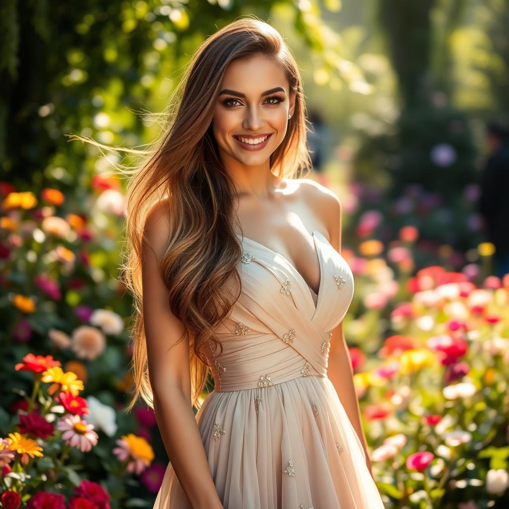 A stunningly beautiful woman with long flowing hair, wearing an elegant evening gown