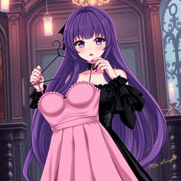 A gothic anime girl with long, flowing purple hair, elegantly dressed in a stunning black dress with stylish black sleeves that amplify her gothic aesthetic
