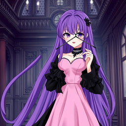 A gothic anime girl with long, flowing purple hair, elegantly dressed in a stunning black dress with stylish black sleeves that amplify her gothic aesthetic