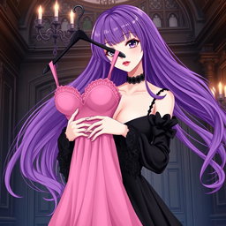 A gothic anime girl with long, flowing purple hair, elegantly dressed in a stunning black dress with stylish black sleeves that amplify her gothic aesthetic