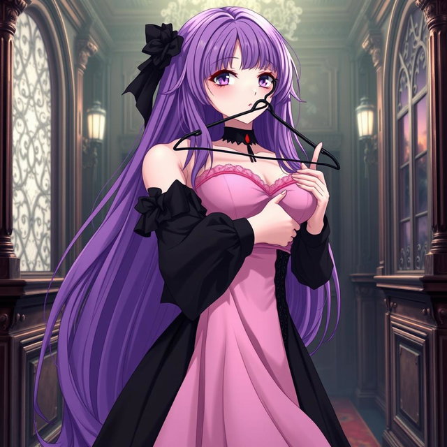 A gothic anime girl with long, flowing purple hair, elegantly dressed in a stunning black dress with stylish black sleeves that amplify her gothic aesthetic