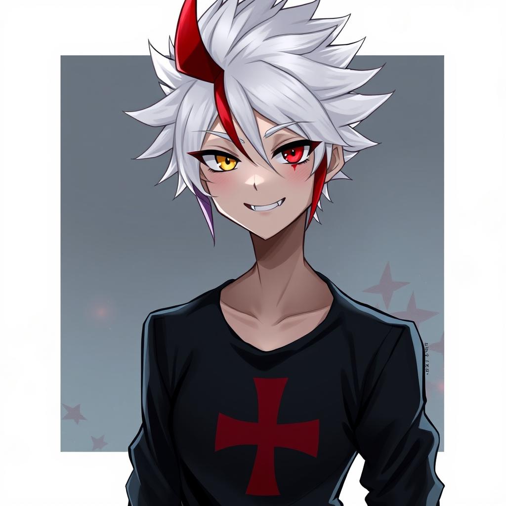 A stunning male character with striking white hair featuring a long red streak