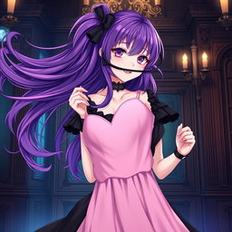 A stunning gothic anime girl with flowing, vibrant purple hair, gracefully adorned in a beautiful black dress that features elegant black sleeves to enhance her gothic style