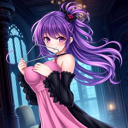 A stunning gothic anime girl with flowing, vibrant purple hair, gracefully adorned in a beautiful black dress that features elegant black sleeves to enhance her gothic style