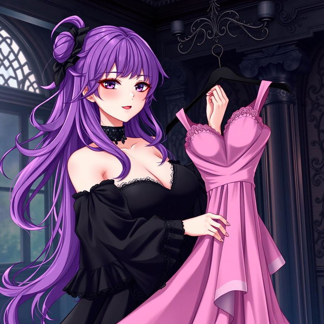 A stunning gothic anime girl with flowing, vibrant purple hair, gracefully adorned in a beautiful black dress that features elegant black sleeves to enhance her gothic style