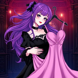 A stunning gothic anime girl with flowing, vibrant purple hair, gracefully adorned in a beautiful black dress that features elegant black sleeves to enhance her gothic style