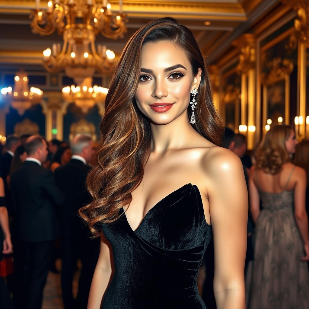 A stunningly beautiful young woman with long flowing brown hair styled in soft waves, wearing an elegant and luxurious black velvet evening gown