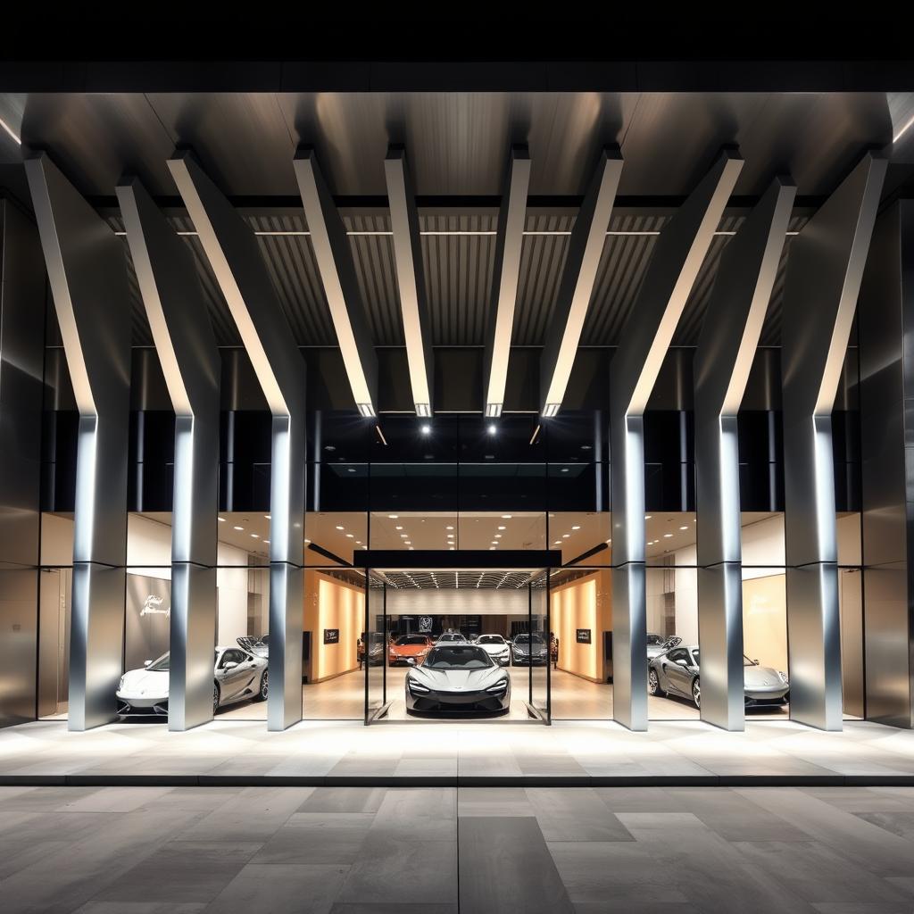 A modern automotive showroom facade design featuring twelve vertical fins symbolizing V12 cylinders, evenly spaced and constructed from sleek glass and brushed aluminum, with integrated LED lighting for a futuristic look