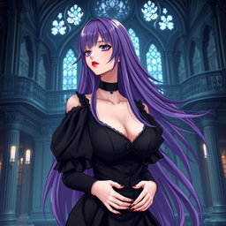 A captivating gothic anime girl with long, flowing purple hair, adorned in a beautifully designed black dress featuring elegant black sleeves that enhance her gothic allure
